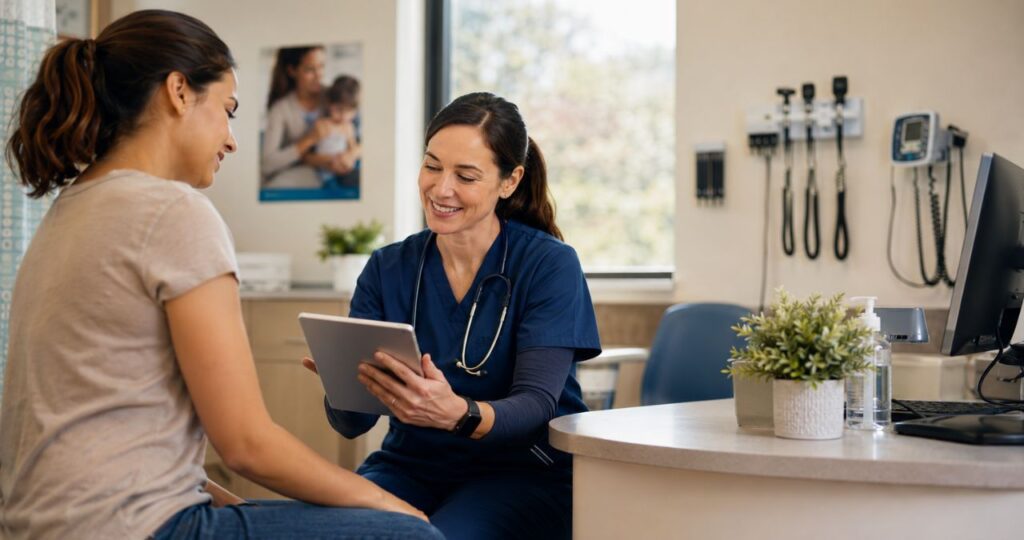 A healthcare professional in scrubs shows a tablet to a seated patient in a medical office, with medical tools and a computer visible in the background. Urgent Care Omaha